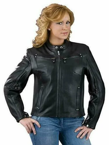 Ladies Leather Motorcycle Jacket Zippered Front Buttoned Front Snap Front