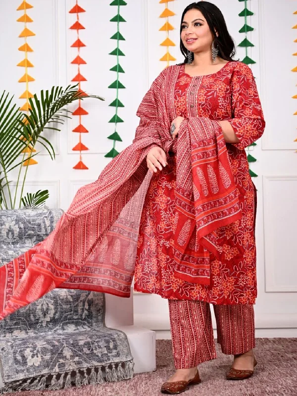 Swasti Plus Size Floral Printed Regular Pure Cotton Kurta With Trousers & Dupatta Trousers luxurious premium