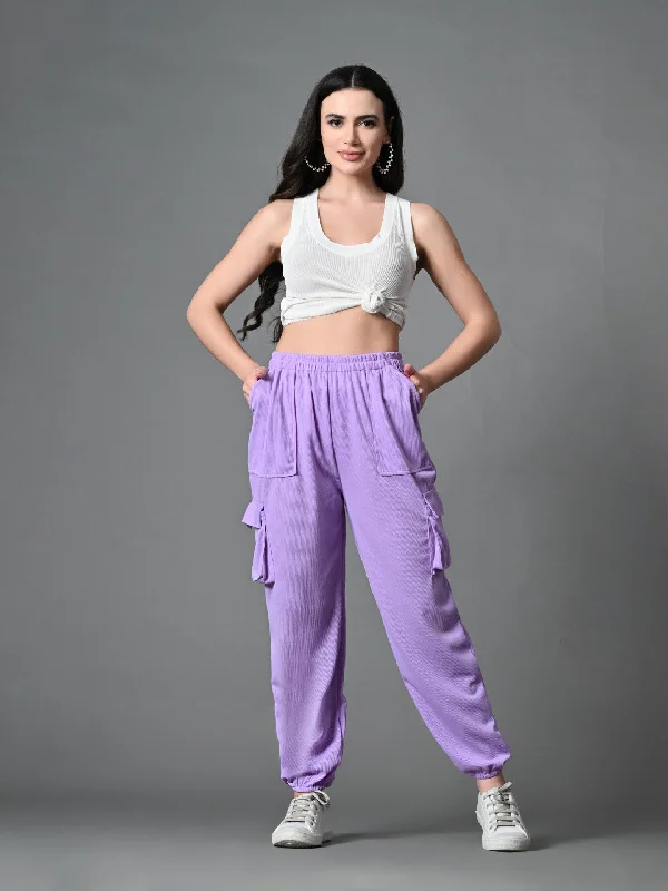 Myshka Women's Solid Ribbed High-Rise Cargo Style Casual Trousers in Lavender Color Trousers Modern Contemporary Myshka Women's Solid Ribbed High-Rise Cargo Style Casual Trousers in Lavender Color Trousers Modern Contemporary