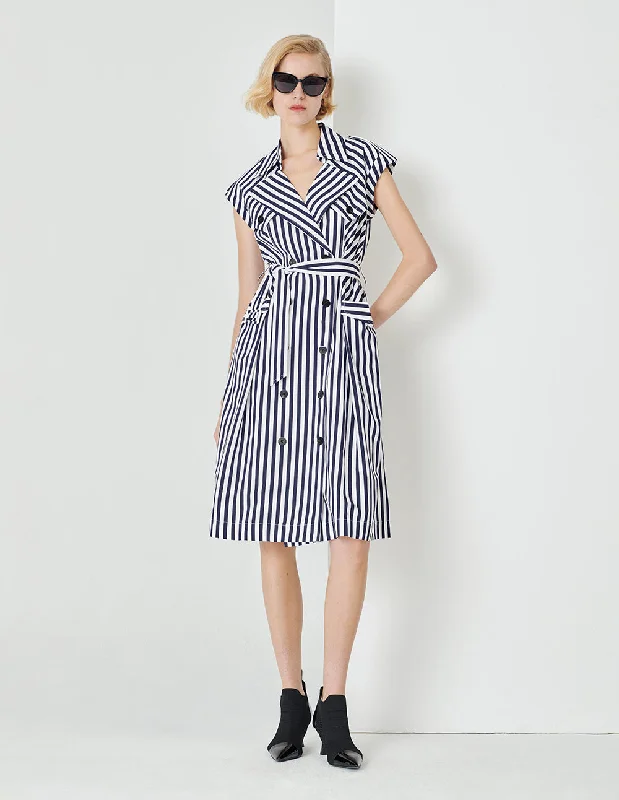 MARYLING Blue And White Striped Lapel Belted Striped Dress