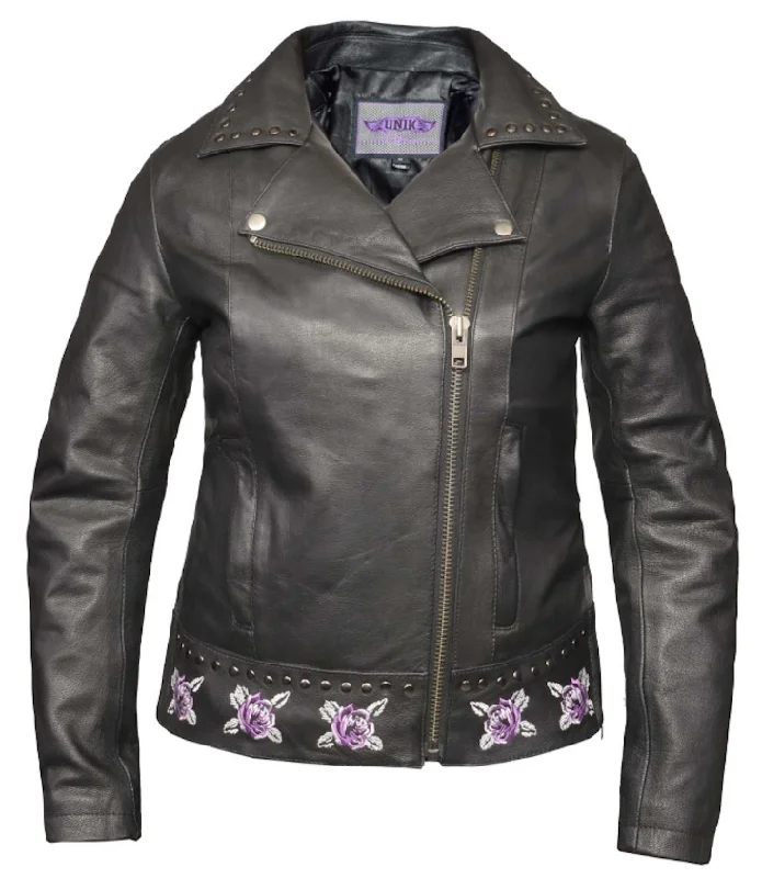 Ladies Leather Motorcycle Jacket with Purple Rose Chenille Jacket Brocade Jacket Lace Jacket