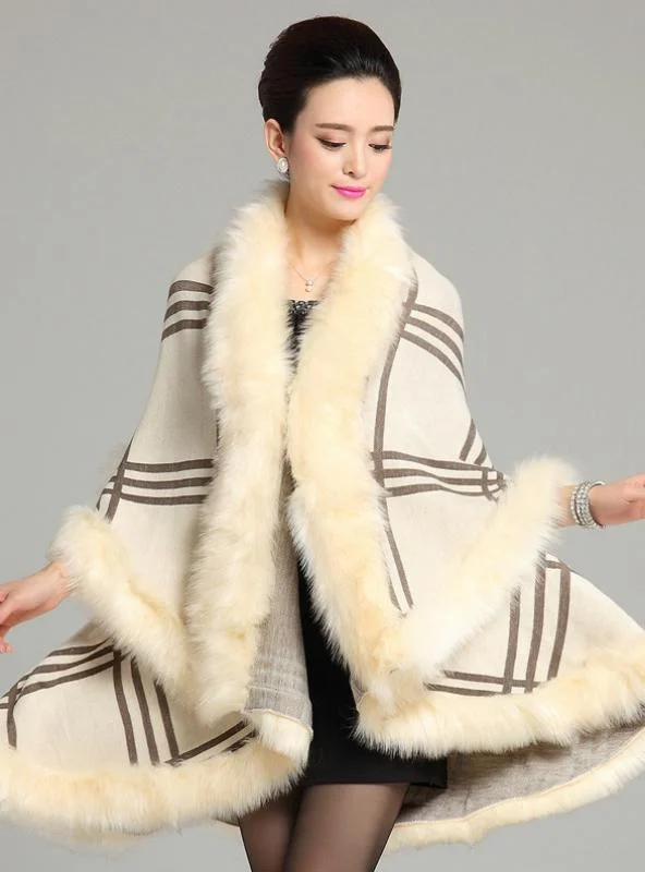 PLAID KNITTED SHAWL CAPE CARDIGAN FUR SHAWL Boat Neck Shawl Collar Notched Collar