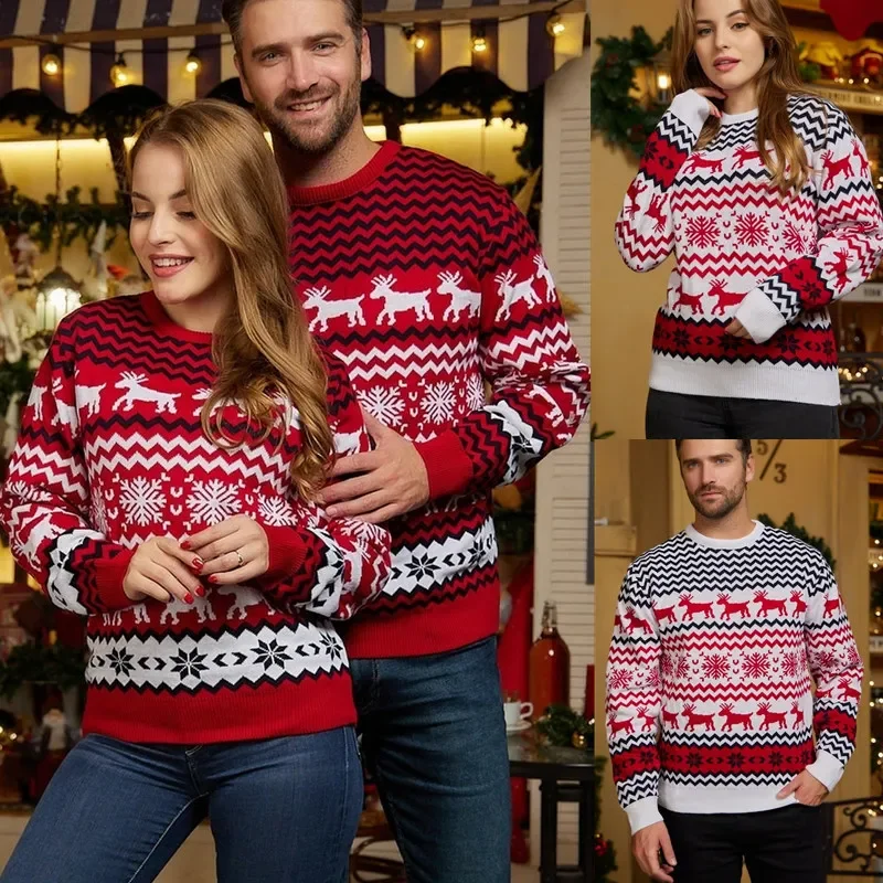 Fashion Winter Couple Men Women Christmas Round Neck Elk Jacquard Long Sleeve Knitted Sweater Bright Pastel Dark