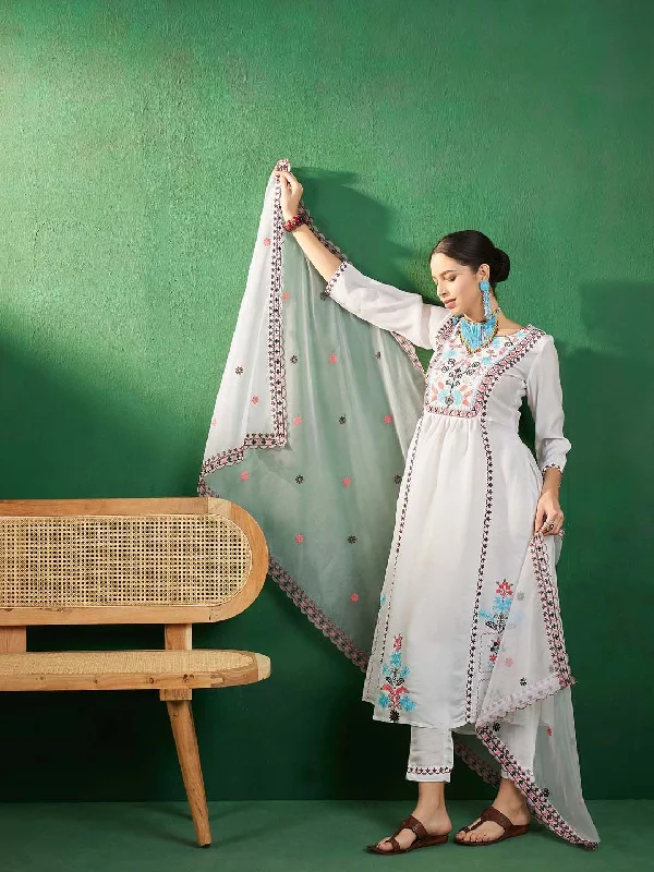 Sangria Off White Embroidered A-Line Kurta With Trouser & Dupatta Trousers Polka Dot Cute