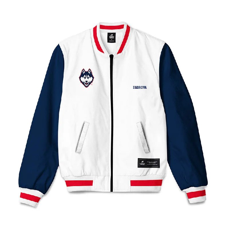 UConn - NCAA Women's Rowing : Polina Egorova - Bomber Jacket Front Pockets Side Pockets Patch Pockets UConn - NCAA Women's Rowing : Polina Egorova - Bomber Jacket Front Pockets Side Pockets Patch Pockets