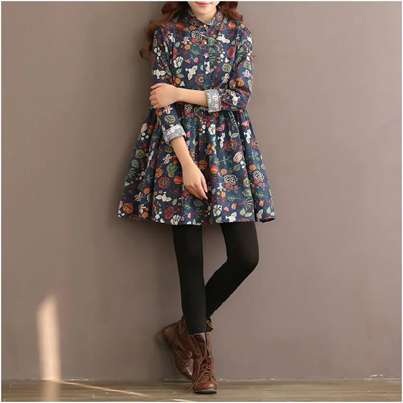 Winter Dress Floral Print A Line Women Dress Long Sleeve High Waist Turn Down Collar Cotton Dress Plus Size Women Clothing Winter Dress Floral Print A Line Women Dress Long Sleeve High Waist Turn Down Collar Cotton Dress Plus Size Women Clothing