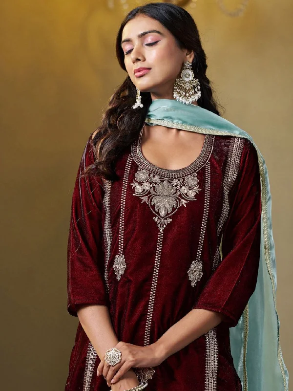 Sangria Floral Embroidered Round Neck Straight Velvet Kurta With Trousers & Dupatta Trousers versatile all-occasion