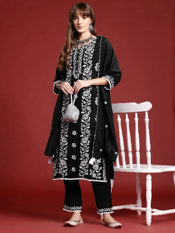 Indo Era Monochrome Floral Embroidered Tasseled Kurta with Trousers & Scalloped Dupatta Trousers Prom Sequined