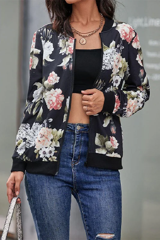 Floral Print Zip Up Bomber Jacket Notch Collar Peter Pan Collar Cowl Neck