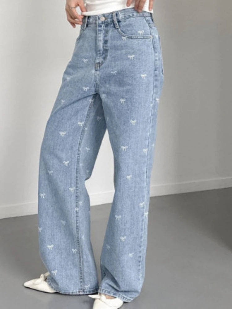 Women Light Blue Jeans Pant Korean Baggy Bow Decorated High Waisted Straight Leg Long Pant Female Casual Printed Button Trousers Trousers Travel Practical