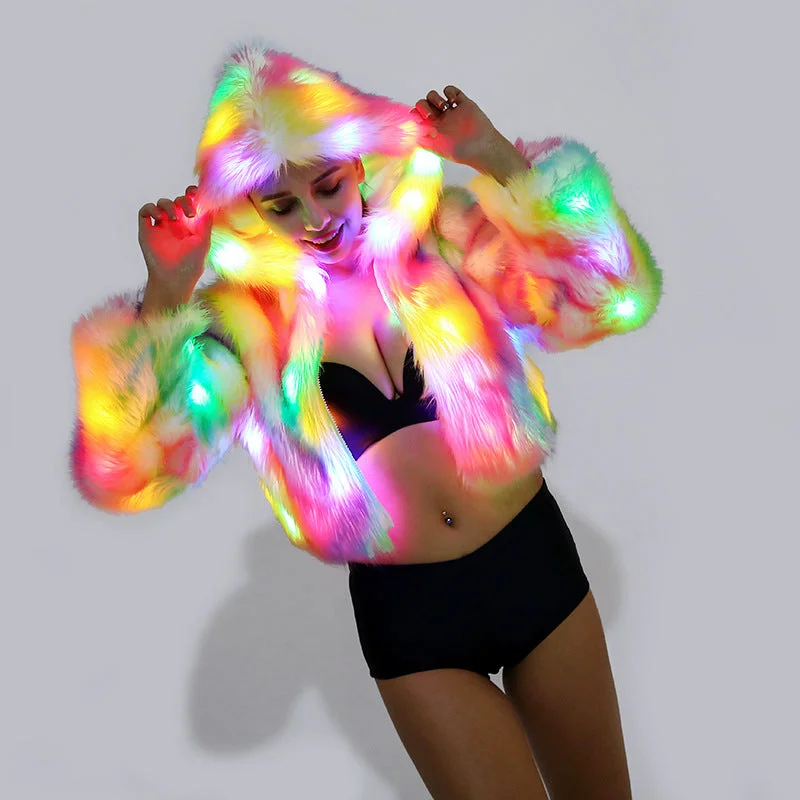 'Light-Up Techwear' Party-Festival-Performance Colour LED Faux Fur Jacket Notch Collar Jacket Peter Pan Collar Jacket Cowl Neck Jacket 'Light-Up Techwear' Party-Festival-Performance Colour LED Faux Fur Jacket Notch Collar Jacket Peter Pan Collar Jacket Cowl Neck Jacket