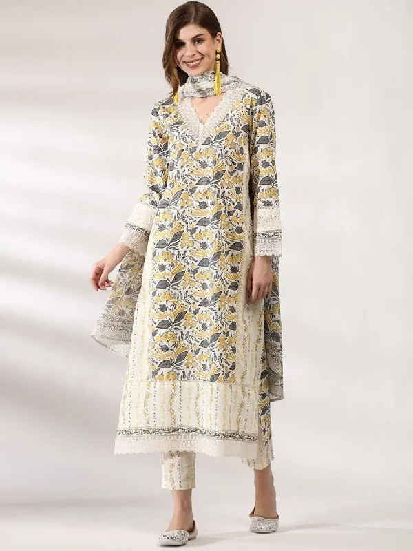 Anouk Floral Printed Regular Thread Work Pure Cotton Kurta With Trousers & Dupatta Trousers Winter Warm