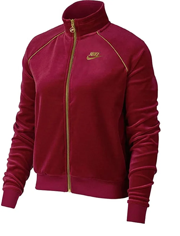 Nike Women's Sportswear Velour Track Jacket, Gold/ Red, XS Chenille Jacket Brocade Jacket Lace Jacket