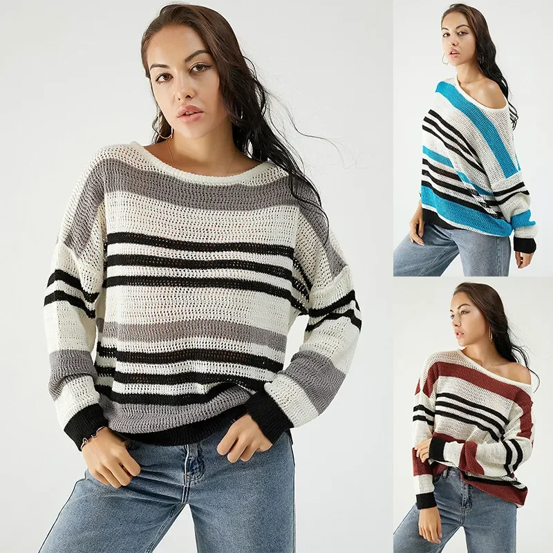 Women Casual Loose Stripe Long Sleeve Knitted Sweater Neon Metallic Matte