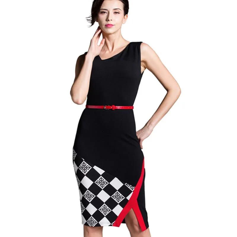 Summer Women Formal Work Knee-Length Belted Black Grid Casual Office Business Bodycon Elegant Pencil Dresses B290 Summer Women Formal Work Knee-Length Belted Black Grid Casual Office Business Bodycon Elegant Pencil Dresses B290