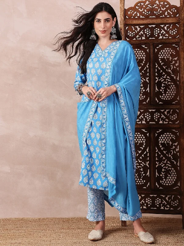 Women's Blue Rayon Blend Floral Printed Straight Kurta Trouser With Dupatta - Ahika Trousers Spring Floral Women's Blue Rayon Blend Floral Printed Straight Kurta Trouser With Dupatta - Ahika Trousers Spring Floral
