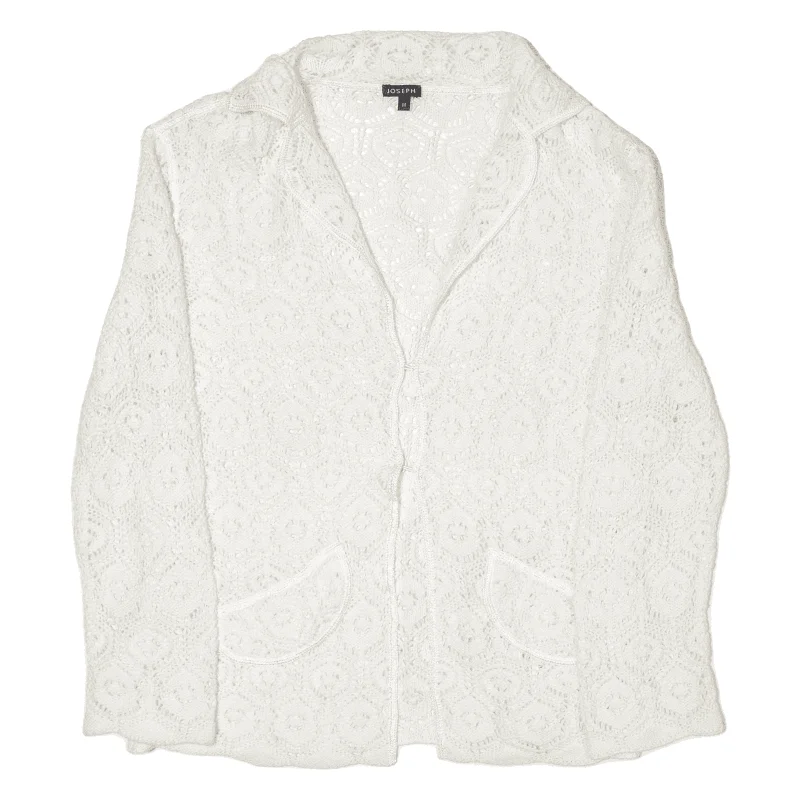 JOSEPH Patterned Cardigan White Open Knit Viscose Collared Womens M Zippered Front Buttoned Front Snap Front JOSEPH Patterned Cardigan White Open Knit Viscose Collared Womens M Zippered Front Buttoned Front Snap Front