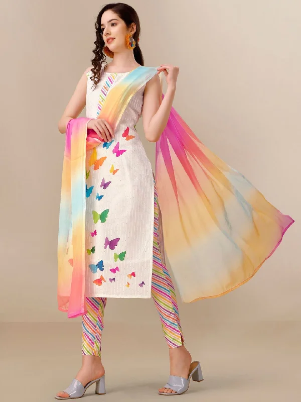 Sangria White Conversational Printed Sequinned Straight Kurta & Trouser With Dupatta Trousers Capri Summer