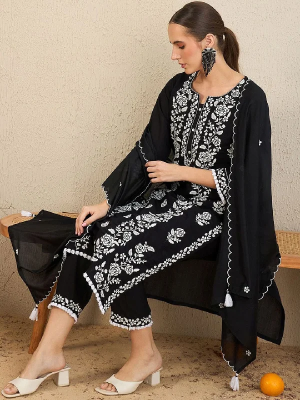 Indo Era Floral Embroidered Notch Neck Thread Work Straight Kurta With Trousers & Dupatta Trousers Party Sparkling