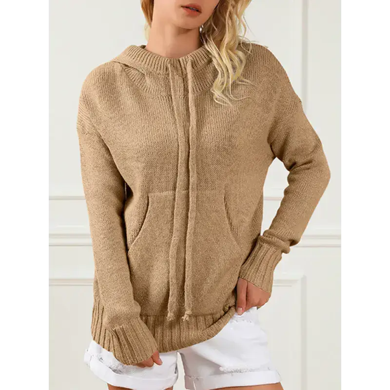 Women’s mid-length loose drawstring pocket loose sweater Lace Blend Ribbed Blend Corduroy Blend