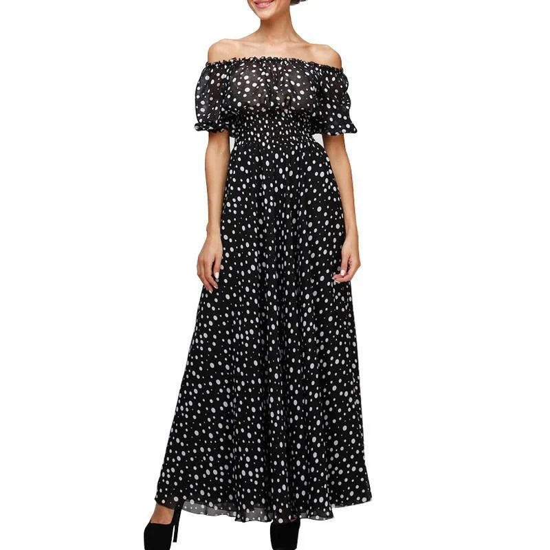 Summer Style Black Polka Dot Maxi Long Dresses Clothing Women Casual Dress for a Floor Print Chiffon Tunic 2167# Summer Style Black Polka Dot Maxi Long Dresses Clothing Women Casual Dress for a Floor Print Chiffon Tunic 2167#