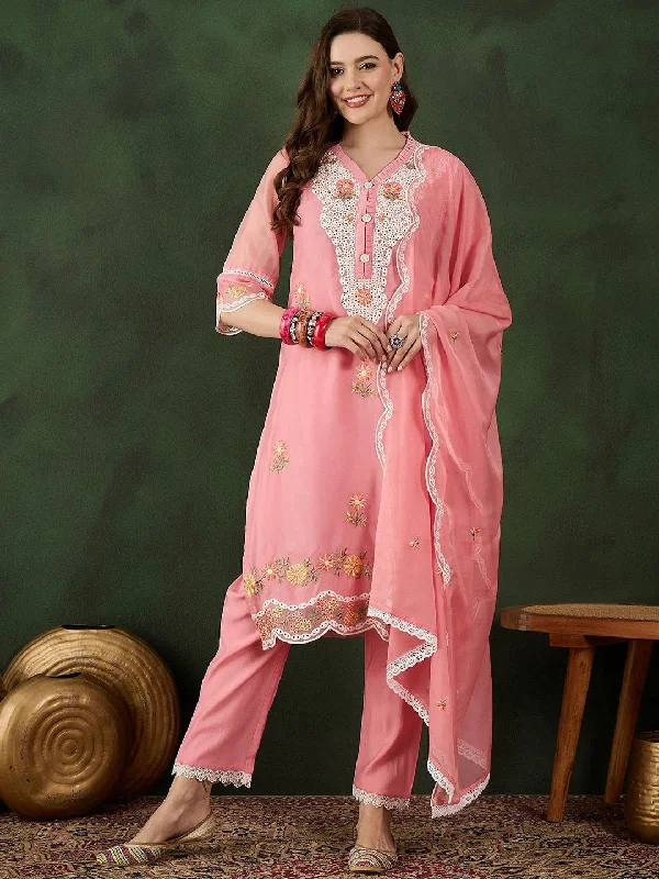 Sangria Embroidered Kurta & Trouser With Dupatta Trousers Culottes Wide Leg