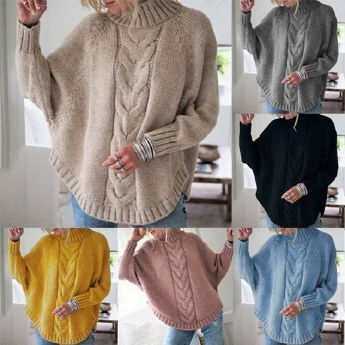 Women Casual Loose Winter Solid Color Half Turtleneck Knitted Sweater Embroidered Appliqued Beaded