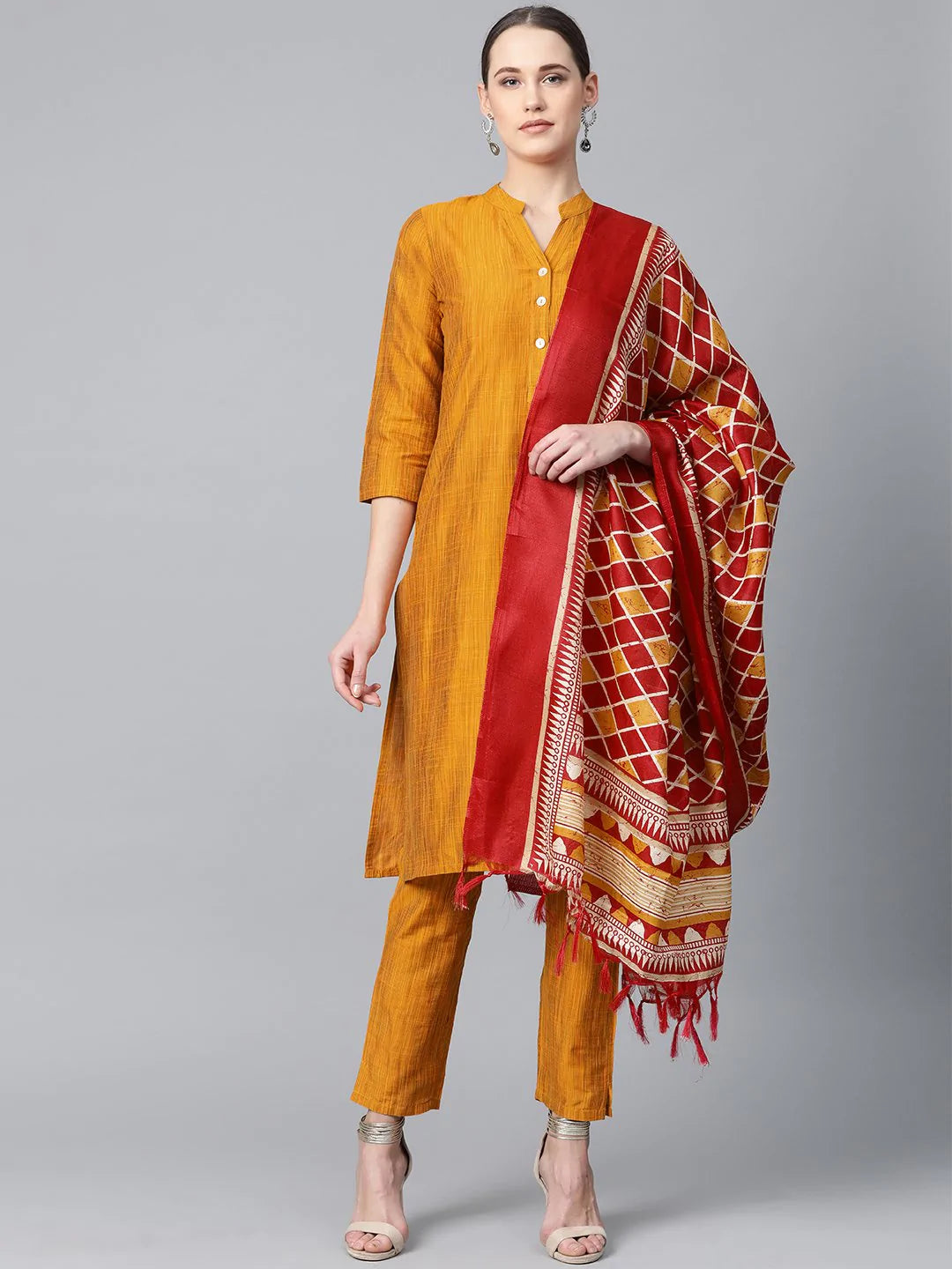 Women Mustard & Red Self-Striped Kurta With Trousers & Dupatta - Rasiya Trousers chic elegant Women Mustard & Red Self-Striped Kurta With Trousers & Dupatta - Rasiya Trousers chic elegant
