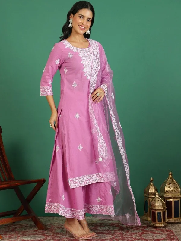 Sangria Embroidered Pure Cotton Round- Neck Kurta & Trousers With Dupatta Trousers Wedding White