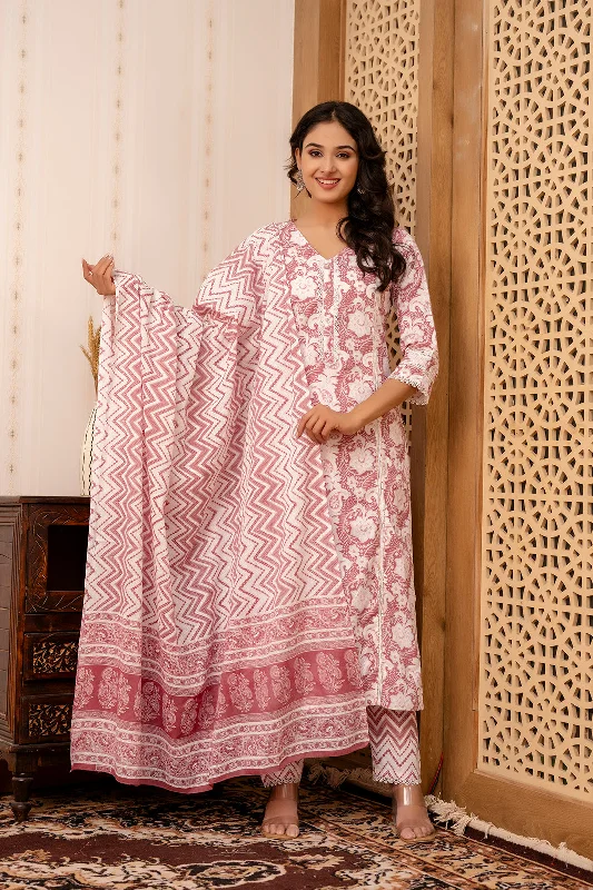 Women Mauve Floral Printed Straight Kurta And Trouser With Dupatta - Rasiya Trousers Hiking Durable Women Mauve Floral Printed Straight Kurta And Trouser With Dupatta - Rasiya Trousers Hiking Durable