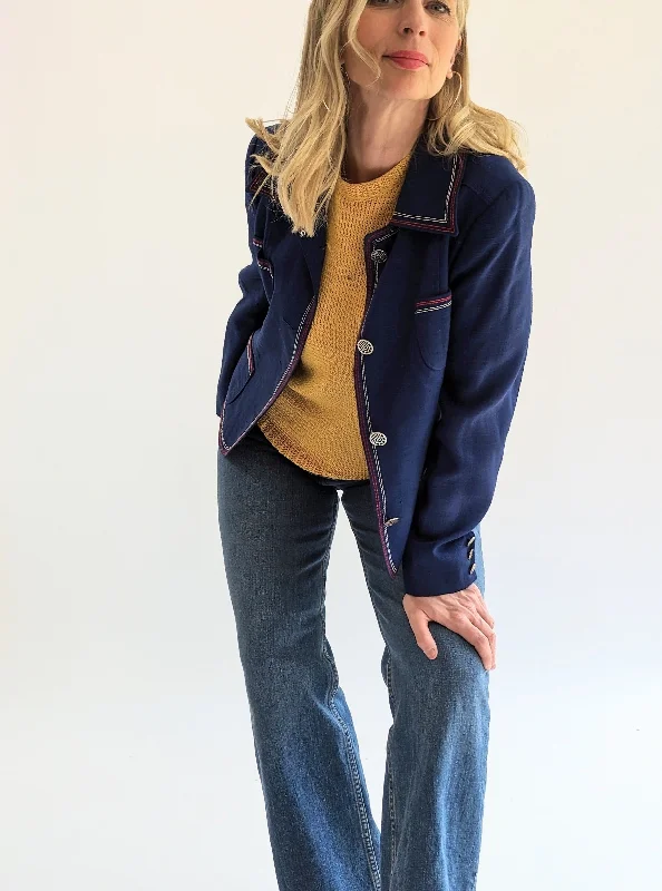 Vintage Louis Feraud by Andre Peters Blue Jacket Notch Collar Peter Pan Collar Cowl Neck Vintage Louis Feraud by Andre Peters Blue Jacket Notch Collar Peter Pan Collar Cowl Neck