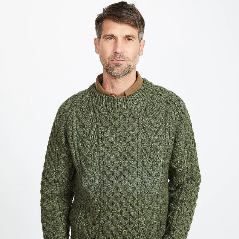 Green Unisex Hand Knit Crew Neck Aran Sweater Slim Fit Regular Fit Oversized