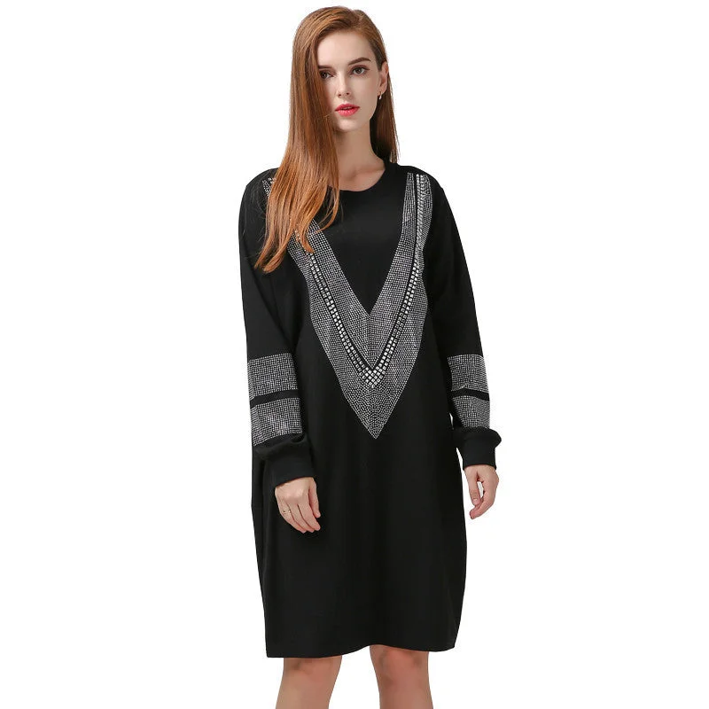 Autumn Long Sleeve Loose Dress Women V Figure Sparkling Diamond Black Color Fashion Clothing