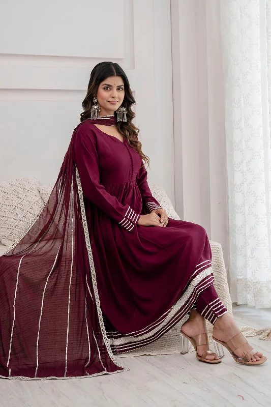 Women Burgundy Anarkali Kurta And Trouser With Dupatta - Rasiya Trousers Versatile Stylish Women Burgundy Anarkali Kurta And Trouser With Dupatta - Rasiya Trousers Versatile Stylish