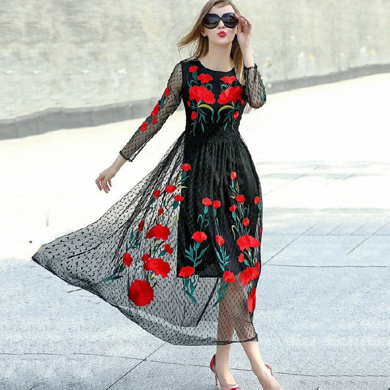 Fashion Long Sleeve Mesh Carnation Embroidery Slim Black Long Dress