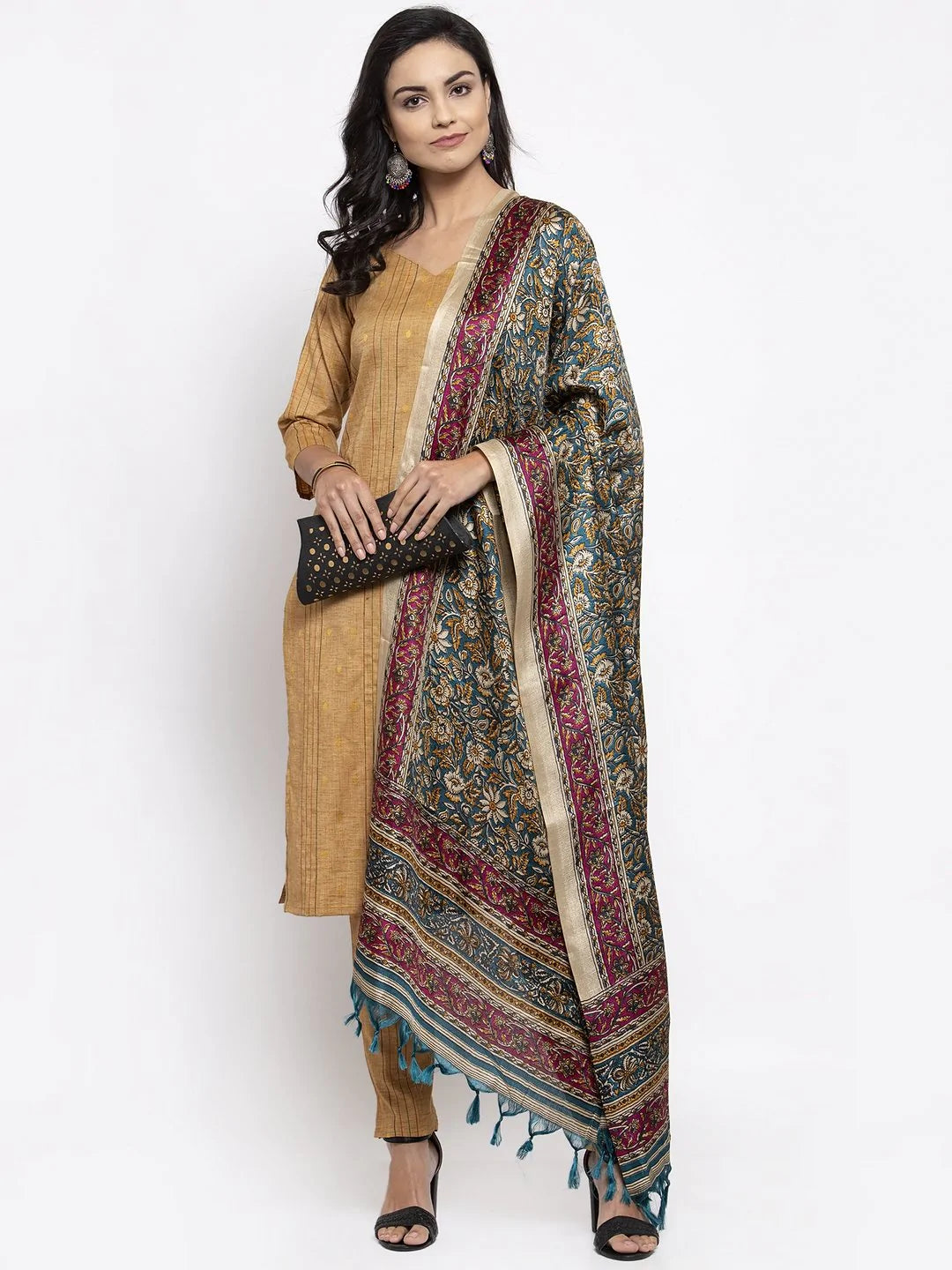 Women Beige & Black Striped Kurta With Trousers & Green Printed Dupatta Golden - Rasiya Trousers Tapered Slim Fit Women Beige & Black Striped Kurta With Trousers & Green Printed Dupatta Golden - Rasiya Trousers Tapered Slim Fit