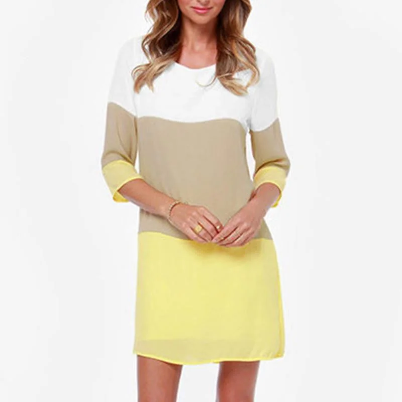 Woman Summer Clothes Vestidos Color Blocking White Khaki Yellow Color Block Wear Female Dress Woman Summer Clothes Vestidos Color Blocking White Khaki Yellow Color Block Wear Female Dress