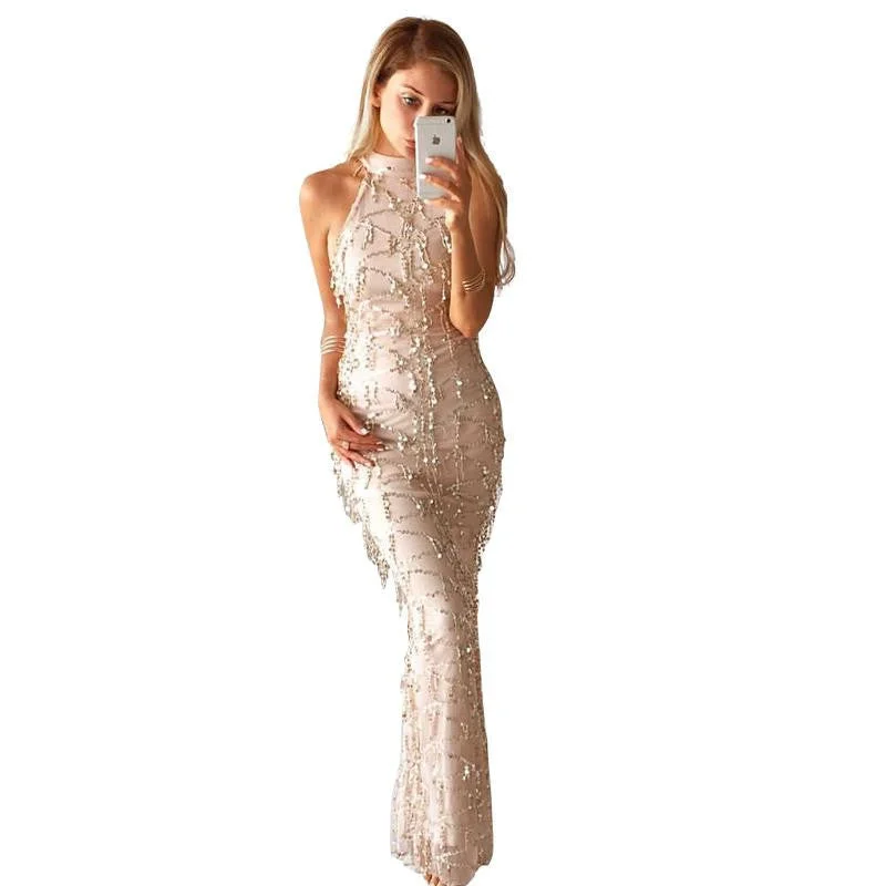Glamaker high neck sleeveless summer dress women fashion sequin dress Elegant party long dress vestidos de fiesta