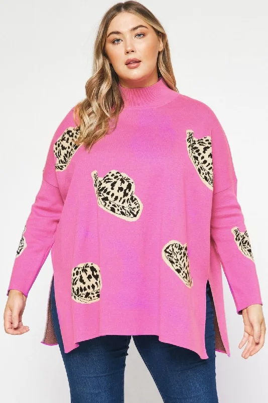 Plus Size Cowboy Hat Mock Long Sleeve Sweater - Pink Houndstooth Herringbone Solid