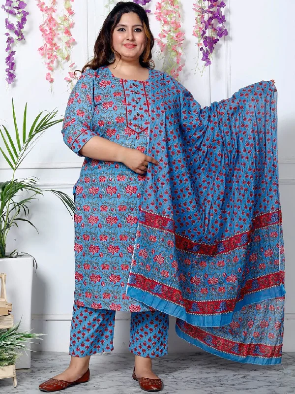 Swasti Plus Size Floral Printed Sequinned Pure Cotton Kurta With Trouser & Dupatta Trousers sophisticated sleek