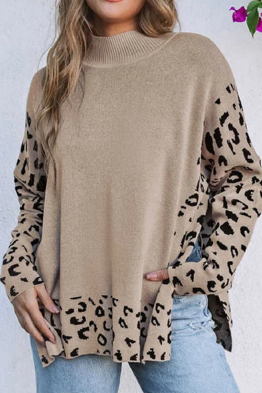 Hazel Blues® | Slit Leopard Mock Neck Dropped Shoulder Sweater Long Sweater Short Sweater Cropped Sweater Hazel Blues® | Slit Leopard Mock Neck Dropped Shoulder Sweater Long Sweater Short Sweater Cropped Sweater