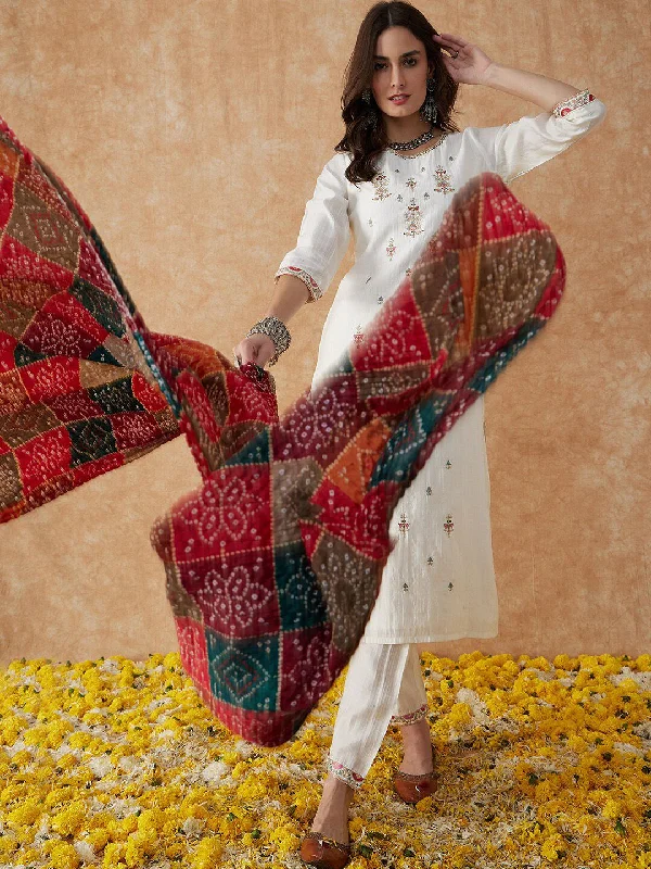 Sangria White Ethnic Motifs Embroidered Thread Work Straight Kurta & Trouser With Dupatta Trousers Top Rated