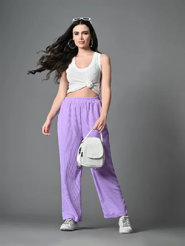 Myshka Women's Solid Ribbed High-Rise Wide Leg Casual Trousers in Lavender Color Trousers Spring Floral Myshka Women's Solid Ribbed High-Rise Wide Leg Casual Trousers in Lavender Color Trousers Spring Floral