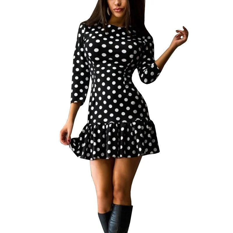 Dress Women dresses Three quarter sleeve O-Neck Dot Ruffless sheath Plus size women clothing mini Summer dress style