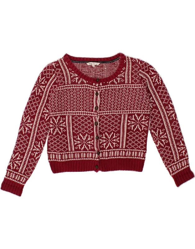 FAT FACE Womens Crop Cardigan Sweater UK 14 Large Red Fair Isle Cotton Glossy Satin Silk