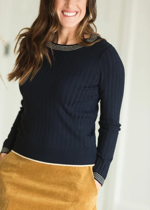 Navy Metail Ribbed Contrast Sweater - FINAL SALE Oversized Loose Flowy