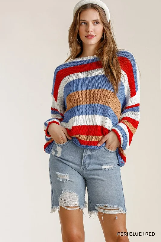Multicolored Stripe Round Neck Long Sleeve Knit Sweater Terry Terry Cloth Terry Knit Multicolored Stripe Round Neck Long Sleeve Knit Sweater Terry Terry Cloth Terry Knit