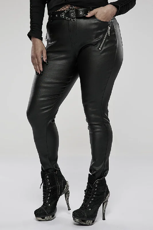 Black Elasticity Glued Woven Fabric Sexy Tight Metal Zipper Belt Decoration Women's Plus Size Punk Trousers Trousers Modern Contemporary