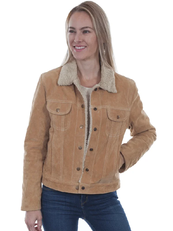 Scully L1019-126 Womens Sherpa Lined Suede Jacket Old Rust Tan Collared Jacket Crew Neck Jacket Turtle Neck Jacket