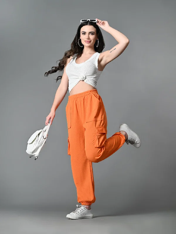 Myshka Women's Solid Ribbed High-Rise Cargo Style Casual Trousers in Orange Color Trousers Winter Warm Myshka Women's Solid Ribbed High-Rise Cargo Style Casual Trousers in Orange Color Trousers Winter Warm